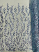 Vine Beaded Lace On Mesh Beaded Lace Fabric - Light Blue, White, Hunter Green, Nude, Clear Pink, Gold, Lavender, 54" Width (1 Yard)