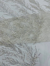 Vine Beaded Lace On Mesh Beaded Lace Fabric - Light Blue, White, Hunter Green, Nude, Clear Pink, Gold, Lavender, 54" Width (1 Yard)