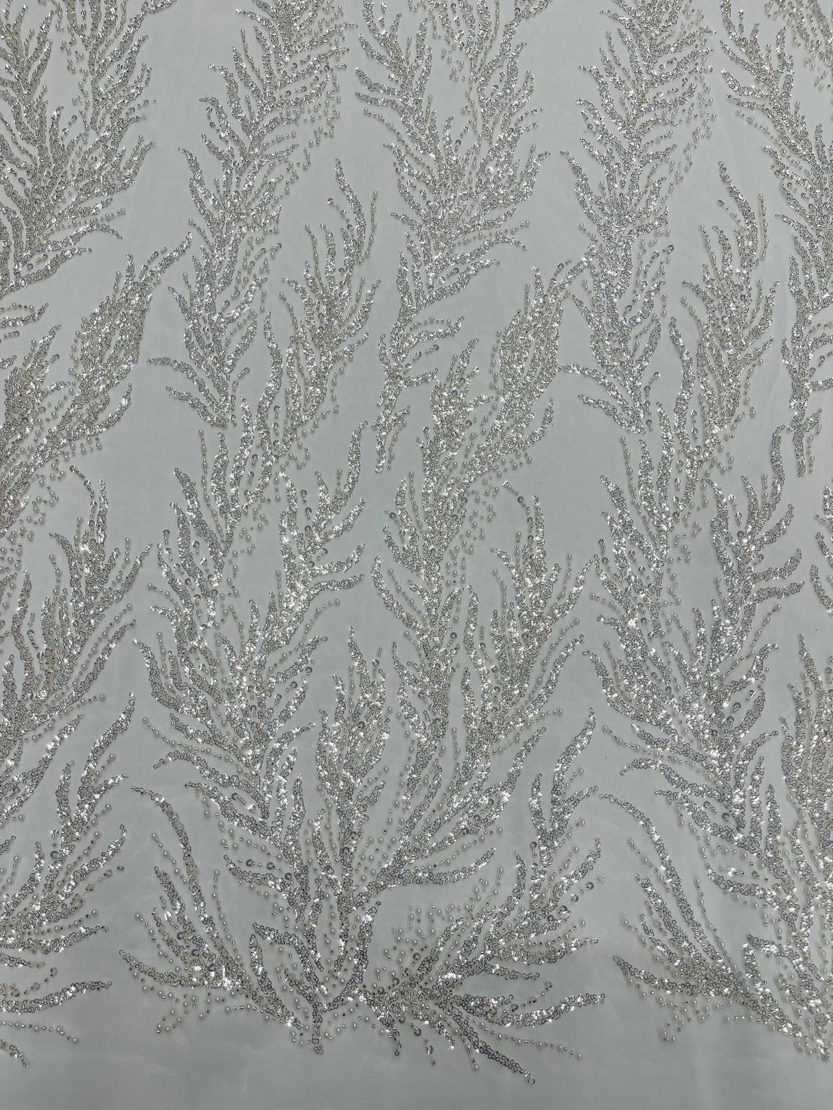 Vine Beaded Lace On Mesh Beaded Lace Fabric - Light Blue, White, Hunter Green, Nude, Clear Pink, Gold, Lavender, 54" Width (1 Yard)