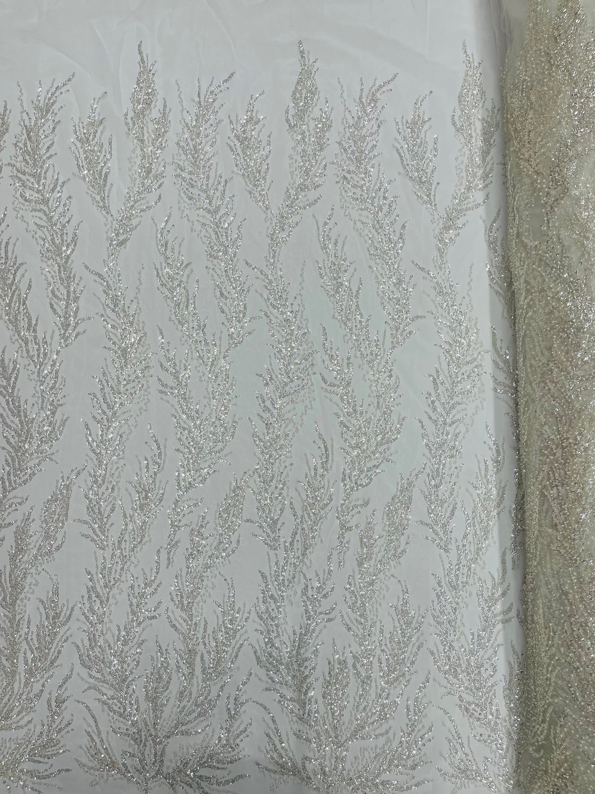 Vine Beaded Lace On Mesh Beaded Lace Fabric - Light Blue, White, Hunter Green, Nude, Clear Pink, Gold, Lavender, 54" Width (1 Yard)
