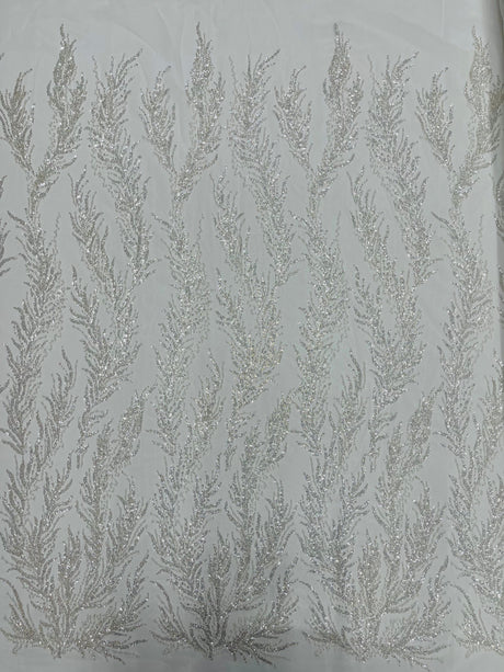 Vine Beaded Lace On Mesh Beaded Lace Fabric - Light Blue, White, Hunter Green, Nude, Clear Pink, Gold, Lavender, 54" Width (1 Yard)