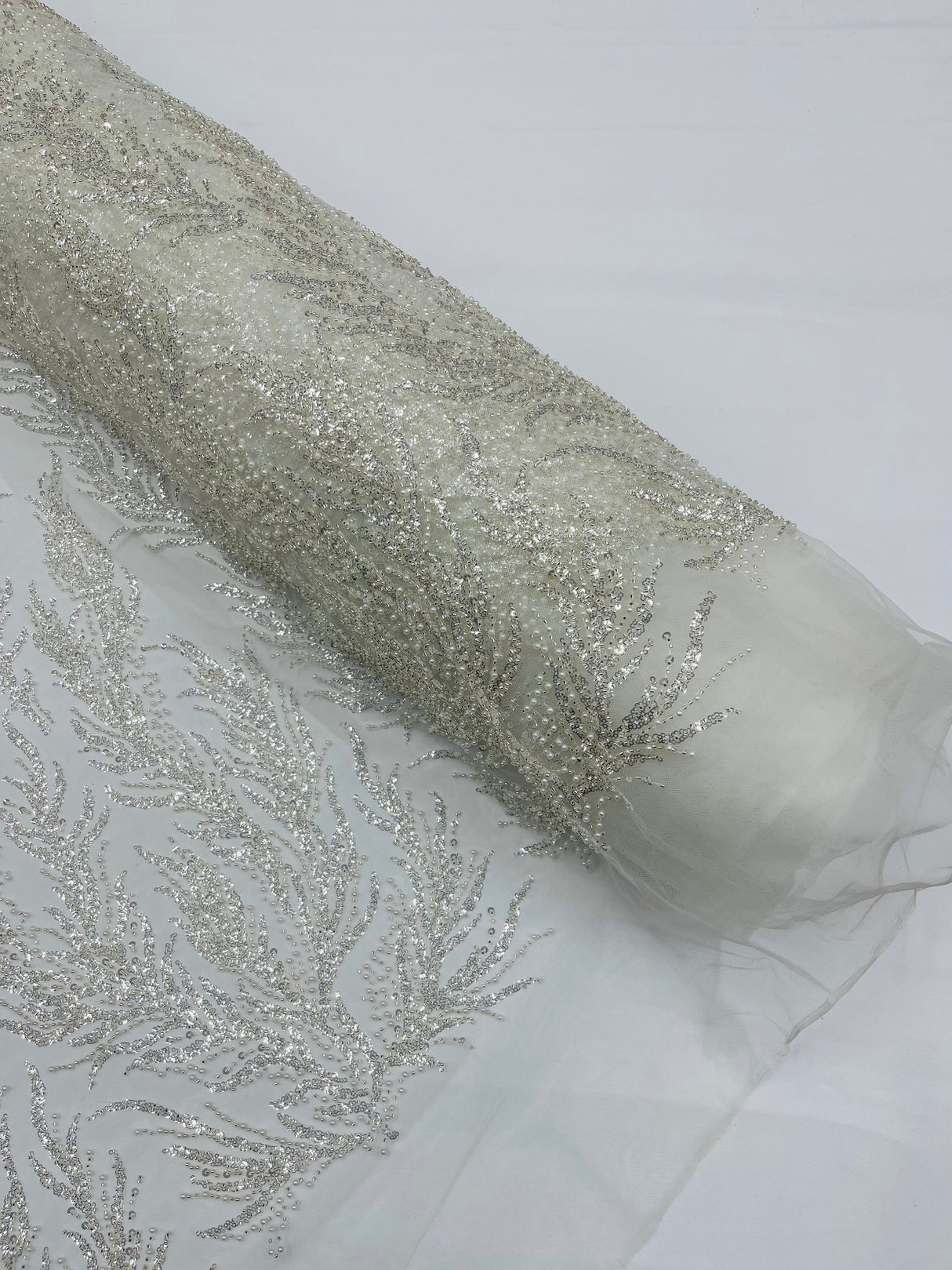 Vine Beaded Lace On Mesh Beaded Lace Fabric - Light Blue, White, Hunter Green, Nude, Clear Pink, Gold, Lavender, 54" Width (1 Yard)