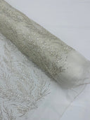 Vine Beaded Lace On Mesh Beaded Lace Fabric - Light Blue, White, Hunter Green, Nude, Clear Pink, Gold, Lavender, 54" Width (1 Yard)