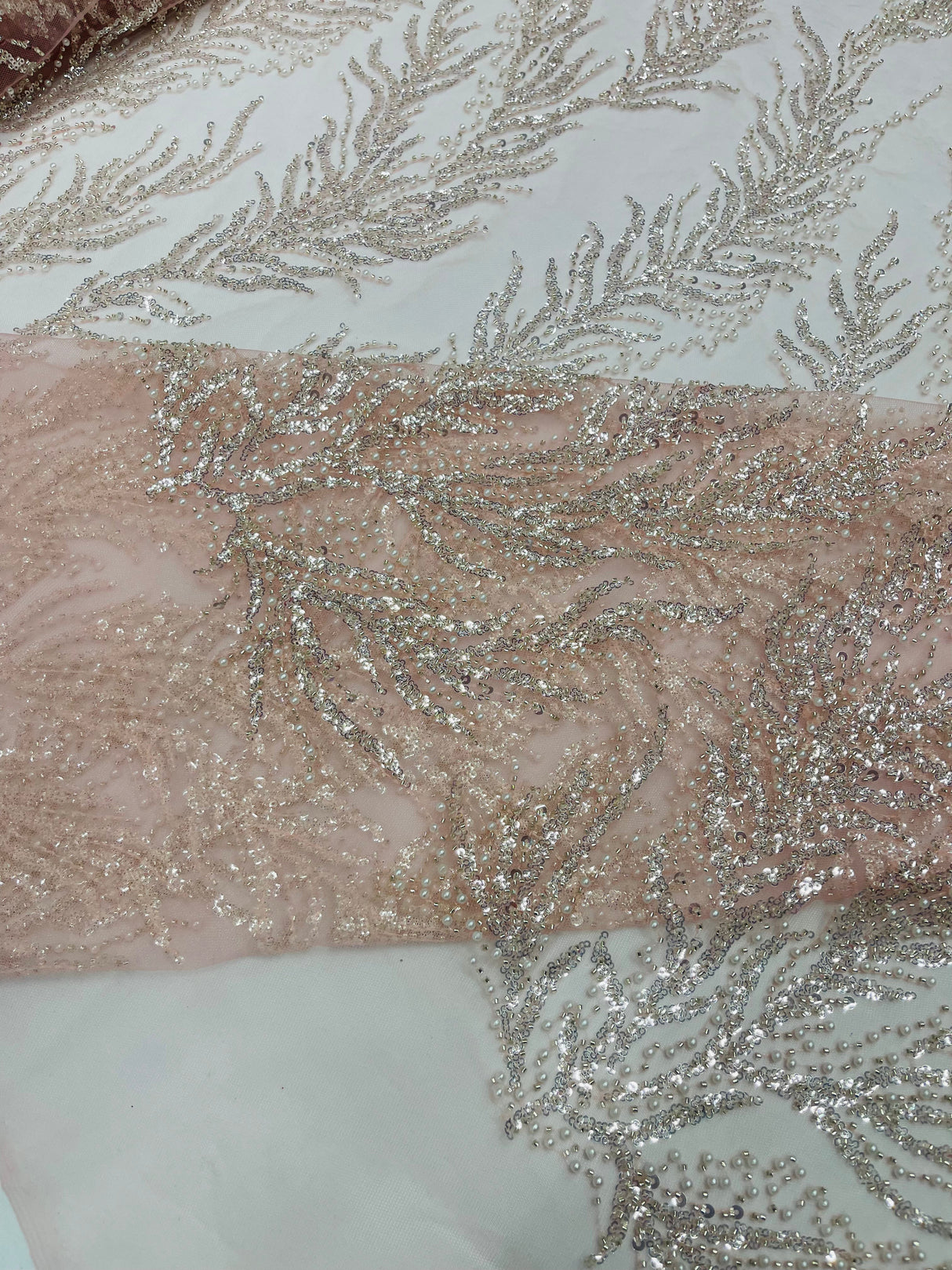 Vine Beaded Lace On Mesh Beaded Lace Fabric - Light Blue, White, Hunter Green, Nude, Clear Pink, Gold, Lavender, 54" Width (1 Yard)