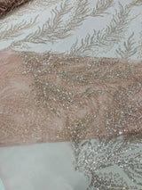 Vine Beaded Lace On Mesh Beaded Lace Fabric - Light Blue, White, Hunter Green, Nude, Clear Pink, Gold, Lavender, 54" Width (1 Yard)
