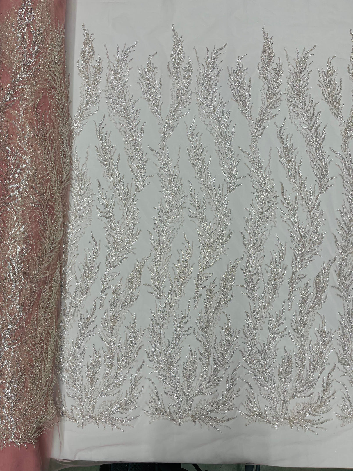 Vine Beaded Lace On Mesh Beaded Lace Fabric - Light Blue, White, Hunter Green, Nude, Clear Pink, Gold, Lavender, 54" Width (1 Yard)
