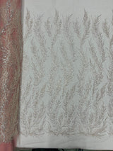 Vine Beaded Lace On Mesh Beaded Lace Fabric - Light Blue, White, Hunter Green, Nude, Clear Pink, Gold, Lavender, 54" Width (1 Yard)