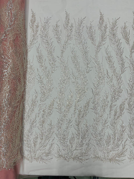 Vine Beaded Lace On Mesh Beaded Lace Fabric - Light Blue, White, Hunter Green, Nude, Clear Pink, Gold, Lavender, 54" Width (1 Yard)