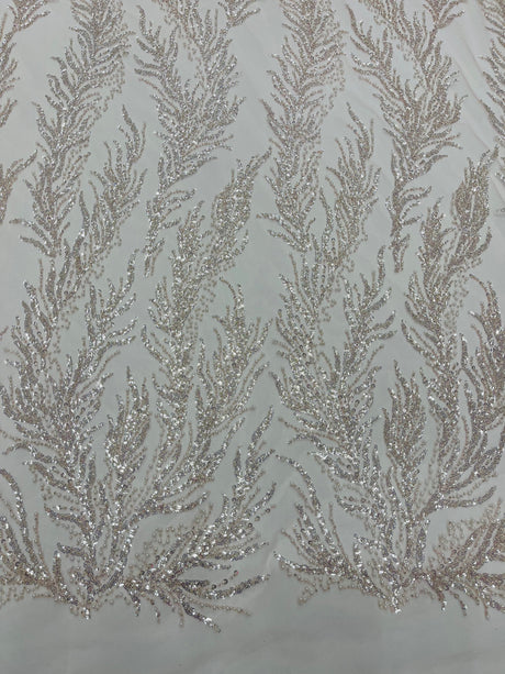 Vine Beaded Lace On Mesh Beaded Lace Fabric - Light Blue, White, Hunter Green, Nude, Clear Pink, Gold, Lavender, 54" Width (1 Yard)