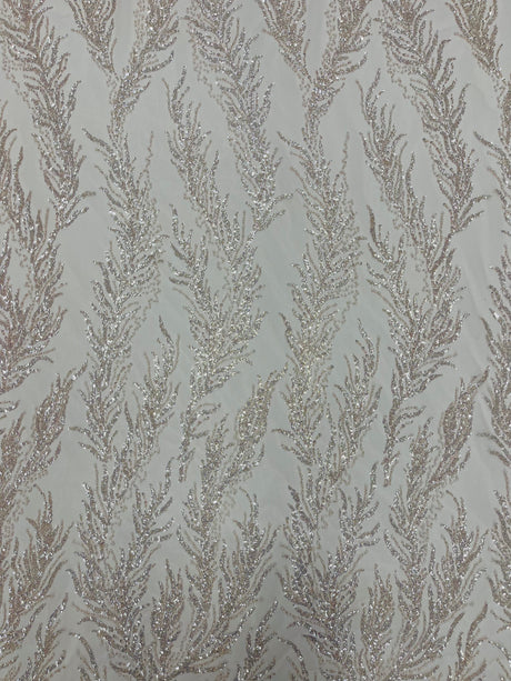 Vine Beaded Lace On Mesh Beaded Lace Fabric - Light Blue, White, Hunter Green, Nude, Clear Pink, Gold, Lavender, 54" Width (1 Yard)