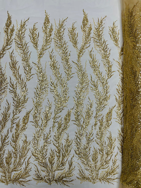 Vine Beaded Lace On Mesh Beaded Lace Fabric - Light Blue, White, Hunter Green, Nude, Clear Pink, Gold, Lavender, 54" Width (1 Yard)