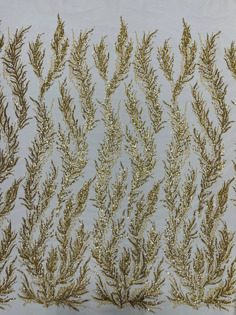 Vine Beaded Lace On Mesh Beaded Lace Fabric - Light Blue, White, Hunter Green, Nude, Clear Pink, Gold, Lavender, 54" Width (1 Yard)