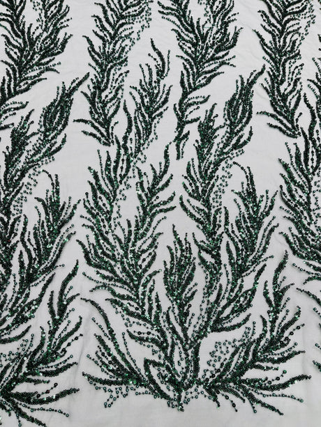 Vine Beaded Lace On Mesh Beaded Lace Fabric - Light Blue, White, Hunter Green, Nude, Clear Pink, Gold, Lavender, 54" Width (1 Yard)