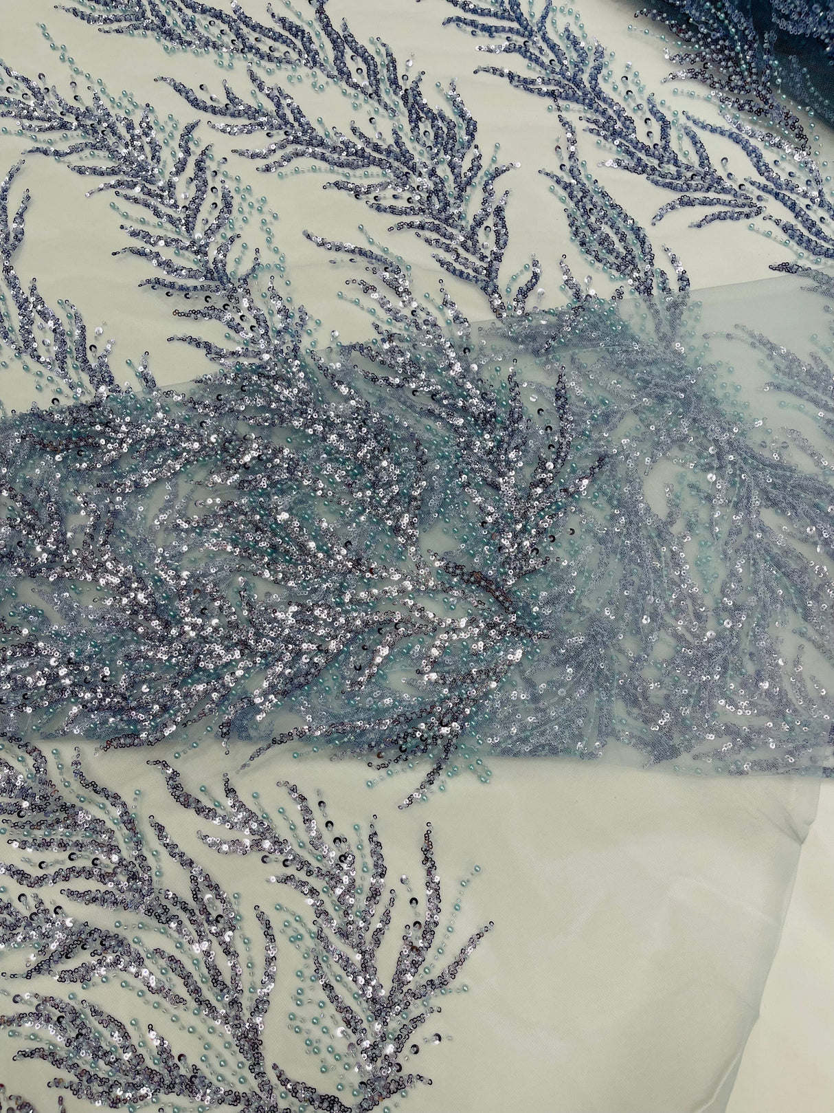 Vine Beaded Lace On Mesh Beaded Lace Fabric - Light Blue, White, Hunter Green, Nude, Clear Pink, Gold, Lavender, 54" Width (1 Yard)