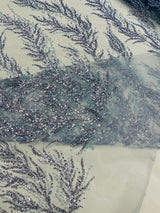 Vine Beaded Lace On Mesh Beaded Lace Fabric - Light Blue, White, Hunter Green, Nude, Clear Pink, Gold, Lavender, 54" Width (1 Yard)