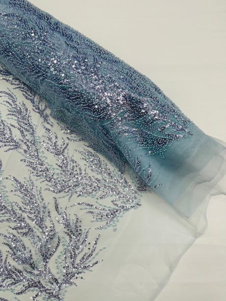 Vine Beaded Lace On Mesh Beaded Lace Fabric - Light Blue, White, Hunter Green, Nude, Clear Pink, Gold, Lavender, 54" Width (1 Yard)