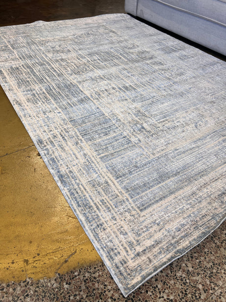 KAI 302 Polyester Fabric - Cream Geometric Blue, Silver, Charcoal Accents, High-Low Texture (1 Unit)