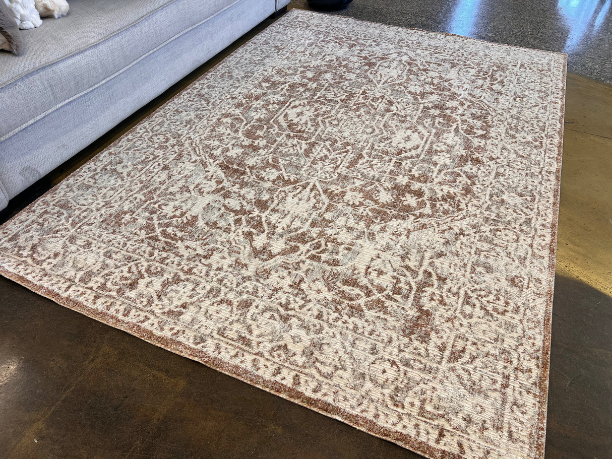 KAI 300 Polyester Rug - Cream Base, Textured Brick-Toned Oriental Motif, Grey Highlights, 5' 3" X 7' 4", 7' 9" X 10' 9", 10' X 13' (1 Unit)
