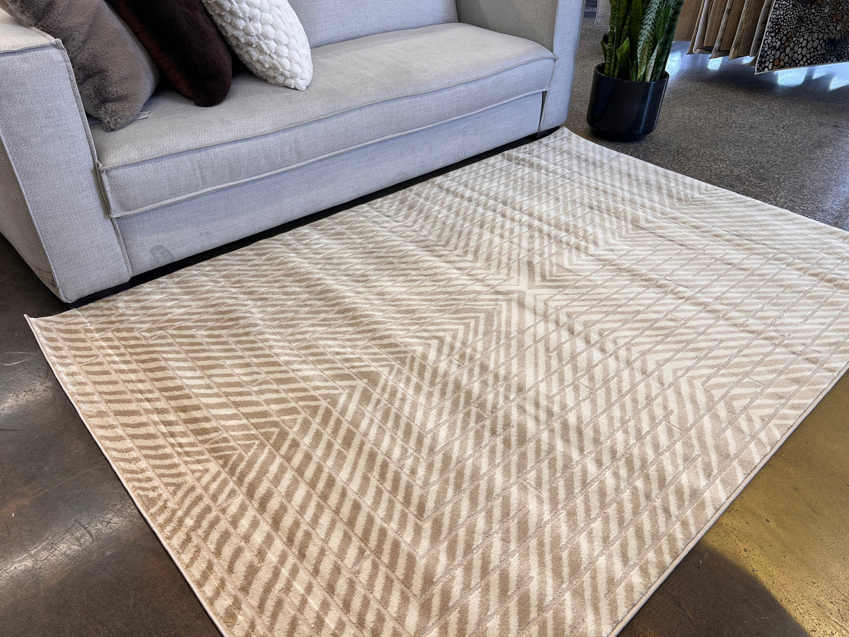 Mirage Geometrical Linear Rug - Sandy Beige, Warm Mocha Tone-On-Tone High-Low Detail, 5' 3" X 7' 4", 8' X 11", 10' X 13" (1 Unit)