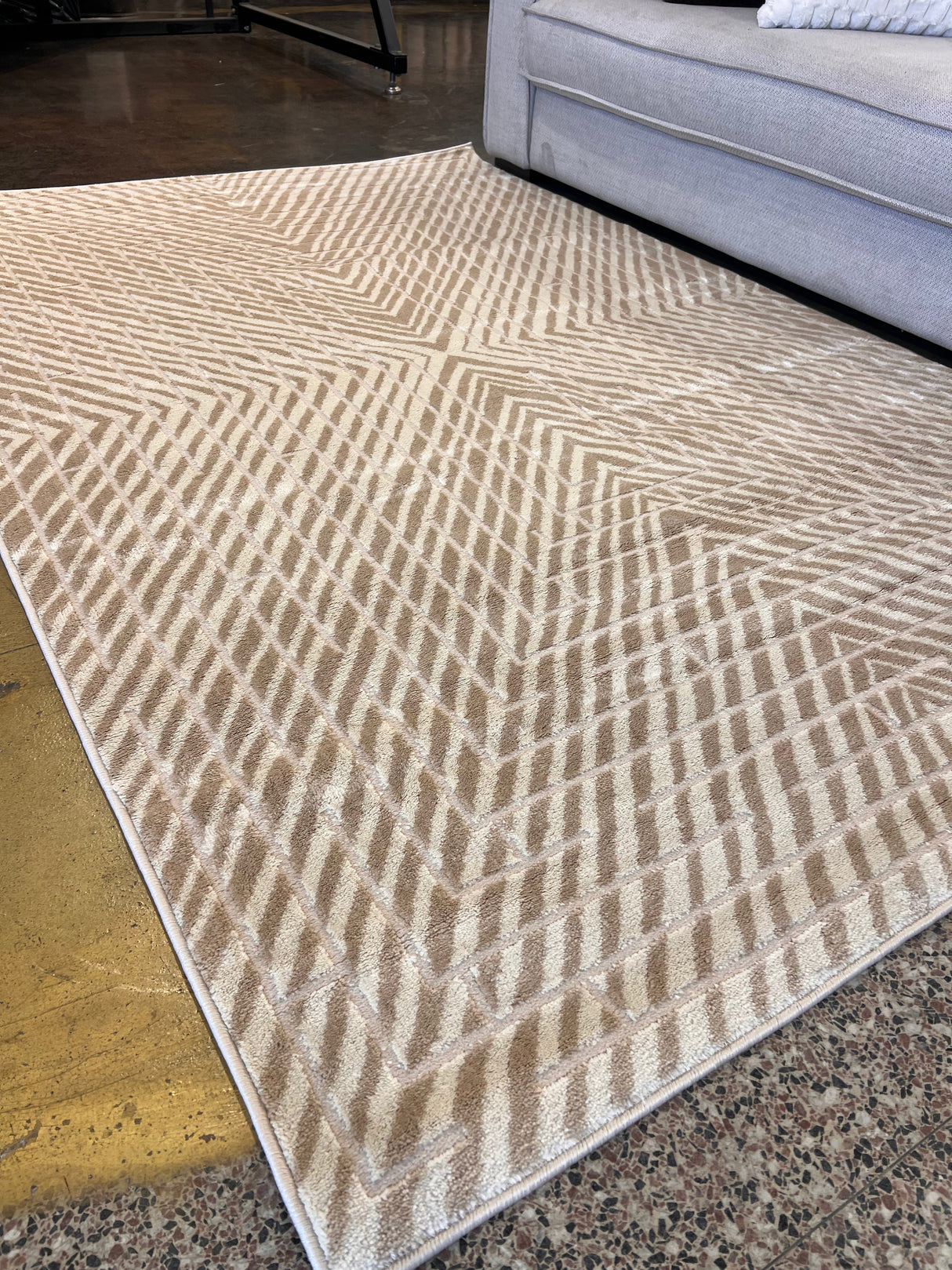 Mirage Geometrical Linear Rug - Sandy Beige, Warm Mocha Tone-On-Tone High-Low Detail, 5' 3" X 7' 4", 8' X 11", 10' X 13" (1 Unit)