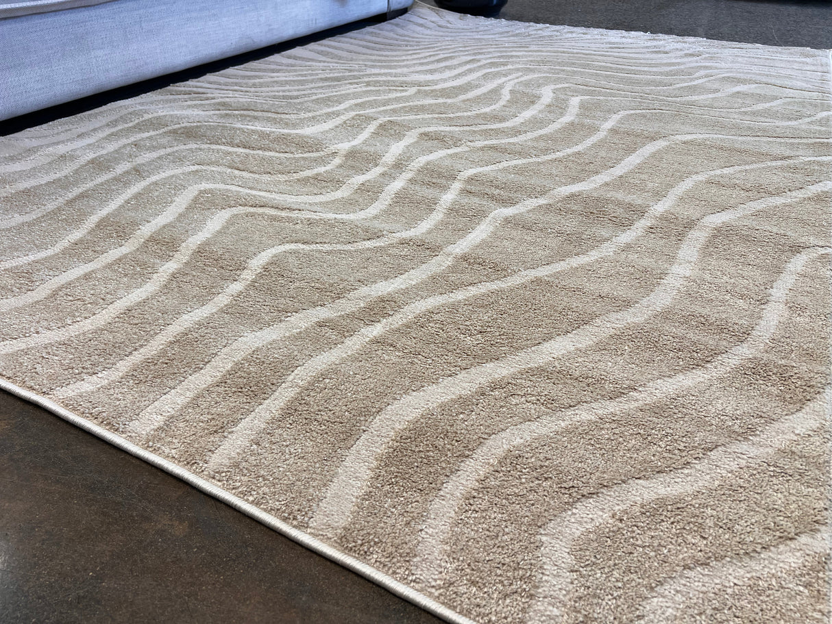 Cozy Mocha Waves Area Rug - Beige Tone-On-Tone Abstract, High-Low Texture, 5' 3" X 7' 4", 8' X 11", 10' X 13" (3 Sizes)