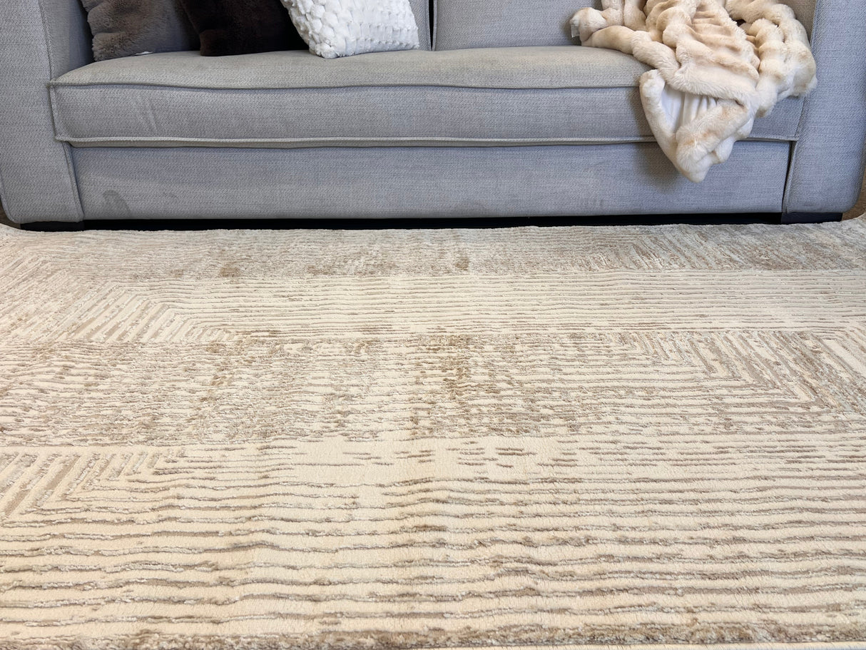 NUDE 21 Polyester Fabric - Geometric Linear Crème Beige, Warm Mocha Tone-On-Tone High-Low Texture, 5' 3" X 7' 4", 8' X 11", 10' X 13" (1 Unit)