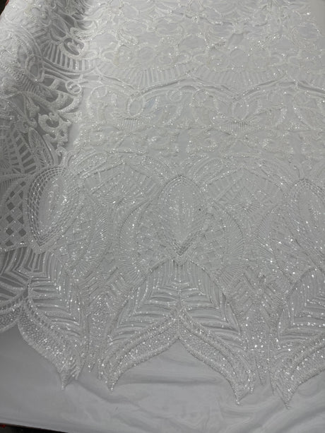 Royalty Sequin Damask 4 Way Stretch Mesh Fabric - Iridescent Sequin Damask, 54" Width (1 Yard)