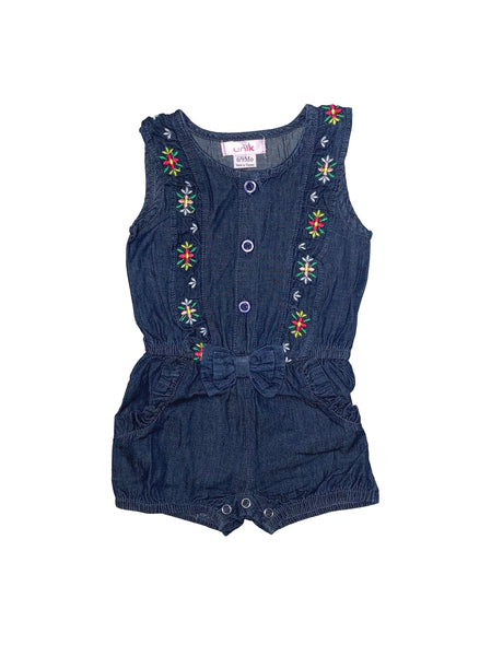 Girl Flower Embroidery Cotton Fabric - Chambray Floral Embroidery, 6M/9M-24M (1 Piece)