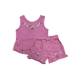 Girls Gingham Short Sets Cotton Fabric - Embroidered Gingham, Lime, Red, Black, Pink, Purple, Blue, Sizes 5-8 (1 Set)