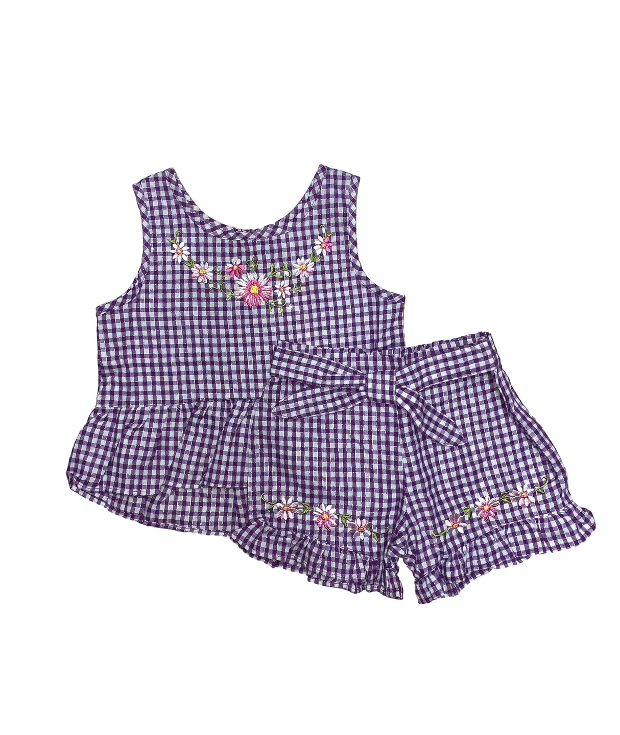 Girls Gingham Short Sets Cotton Fabric - Embroidered Gingham, Lime, Red, Black, Pink, Purple, Blue, Sizes 5-8 (1 Set)