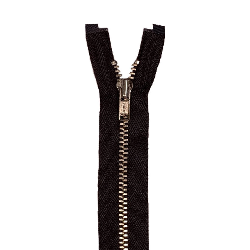 YKK Nickel Separating Shirt Zipper Fabric - Black, Tan, Nickel Teeth, 14" 16"