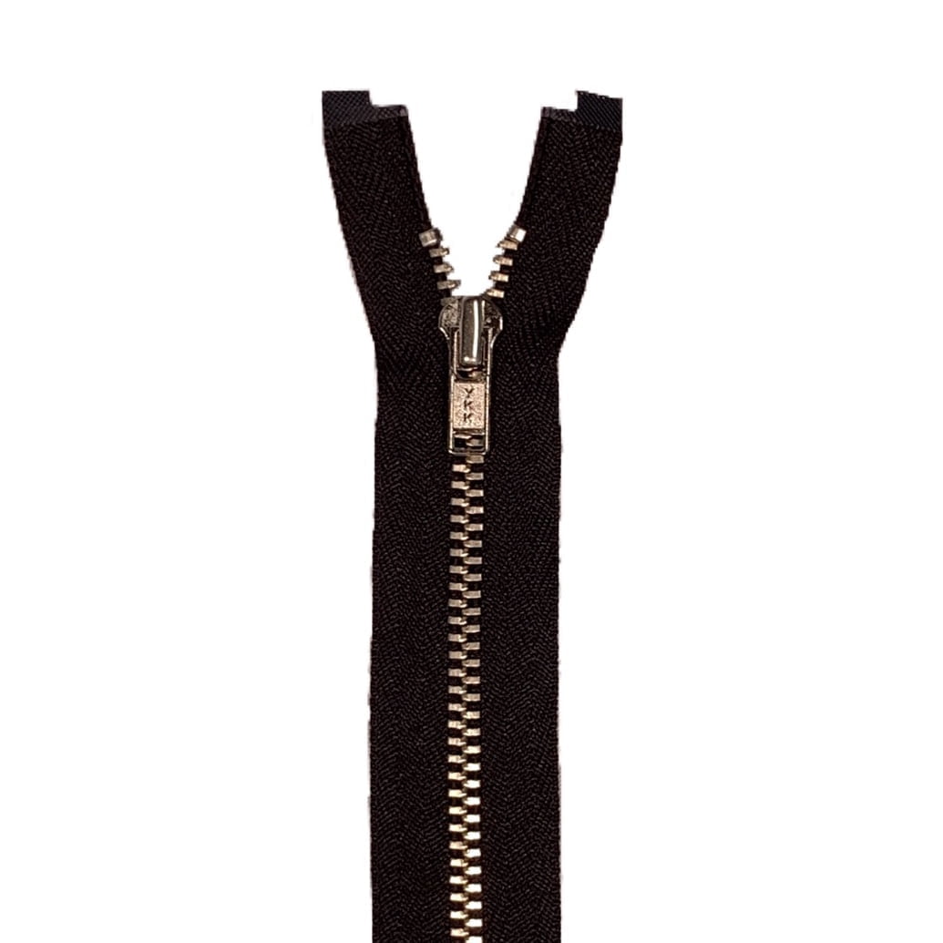 YKK Nickel Separating Shirt Zipper Fabric - Black, Tan, Nickel Teeth, 14" 16"