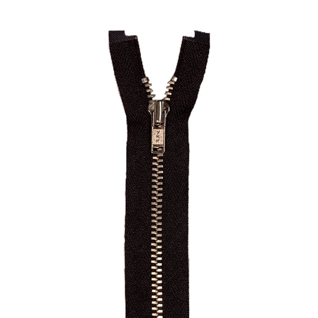 YKK Nickel Separating Shirt Zipper Fabric - Black, Tan, Nickel Teeth, 14" 16"