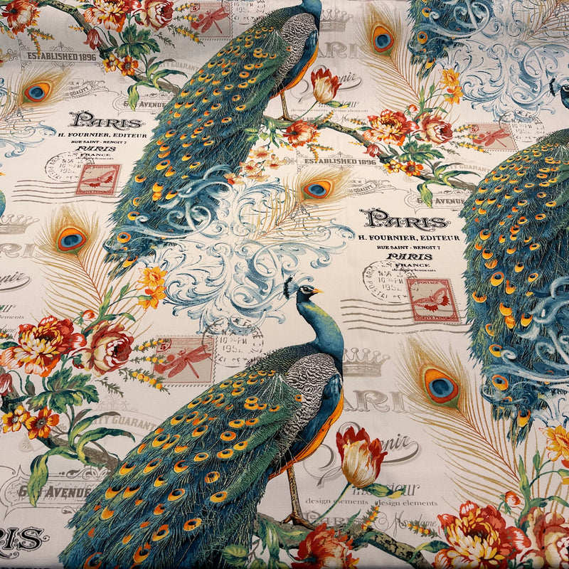 Teal Peacock Bird Floral Branches 100 Percent Cotton Fabric - Teal Green, Orange Peacock, Red Flowers, 54" Width (1 Yard)
