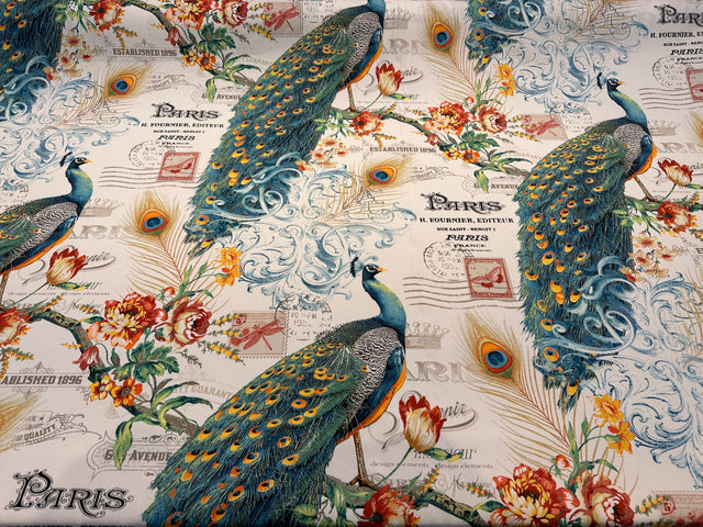 Teal Peacock Bird Floral Branches 100 Percent Cotton Fabric - Teal Green, Orange Peacock, Red Flowers, 54" Width (1 Yard)