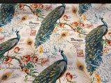 Teal Peacock Bird Floral Branches 100 Percent Cotton Fabric - Teal Green, Orange Peacock, Red Flowers, 54" Width (1 Yard)