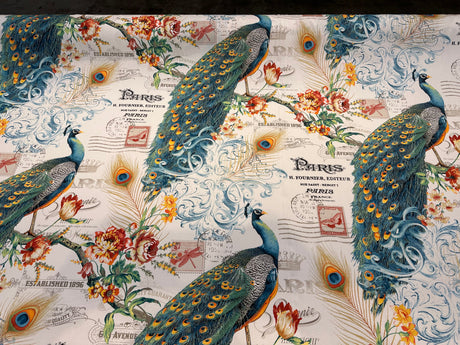 Teal Peacock Bird Floral Branches 100 Percent Cotton Fabric - Teal Green, Orange Peacock, Red Flowers, 54" Width (1 Yard)