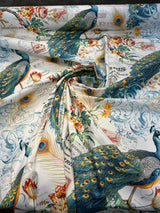 Teal Peacock Bird Floral Branches 100 Percent Cotton Fabric - Teal Green, Orange Peacock, Red Flowers, 54" Width (1 Yard)