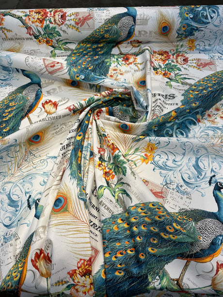 Teal Peacock Bird Floral Branches 100 Percent Cotton Fabric - Teal Green, Orange Peacock, Red Flowers, 54" Width (1 Yard)