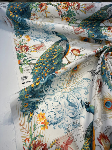 Teal Peacock Bird Floral Branches 100 Percent Cotton Fabric - Teal Green, Orange Peacock, Red Flowers, 54" Width (1 Yard)