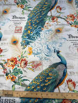 Teal Peacock Bird Floral Branches 100 Percent Cotton Fabric - Teal Green, Orange Peacock, Red Flowers, 54" Width (1 Yard)