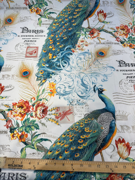 Teal Peacock Bird Floral Branches 100 Percent Cotton Fabric - Teal Green, Orange Peacock, Red Flowers, 54" Width (1 Yard)