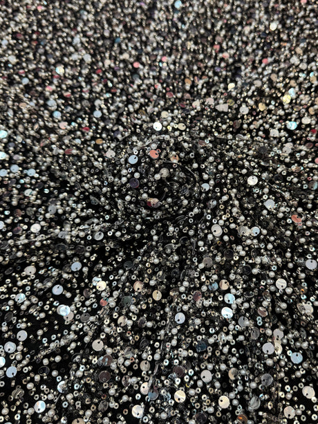 Silver Beaded Sequin Pearl Mesh Lace