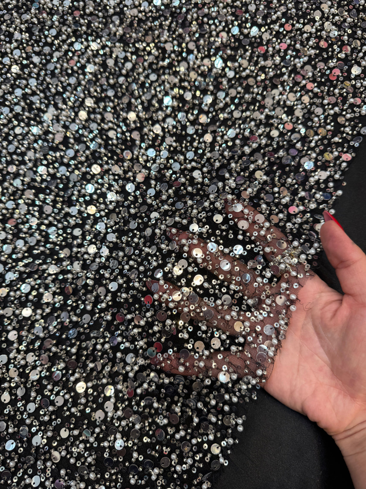 Silver Beaded Sequin Pearl Mesh Lace