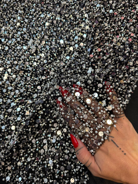 Silver Beaded Sequin Pearl Mesh Lace