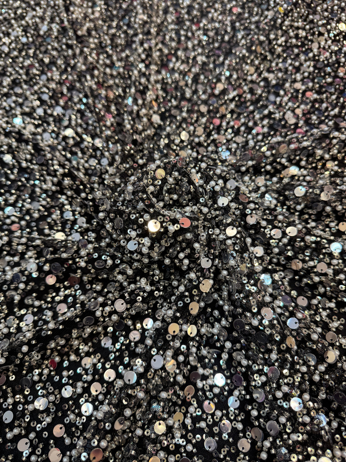 Silver Beaded Sequin Pearl Mesh Lace