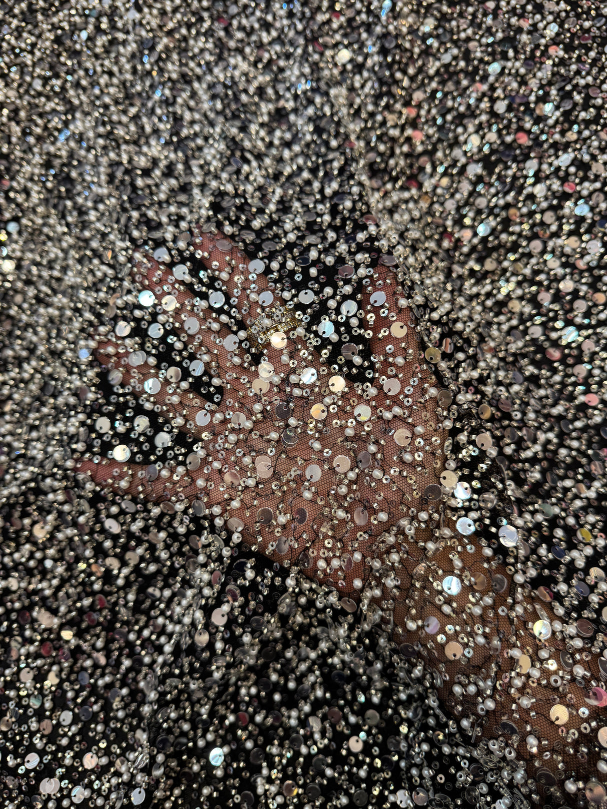 Silver Beaded Sequin Pearl Mesh Lace