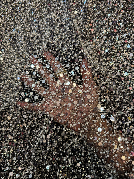 Silver Beaded Sequin Pearl Mesh Lace