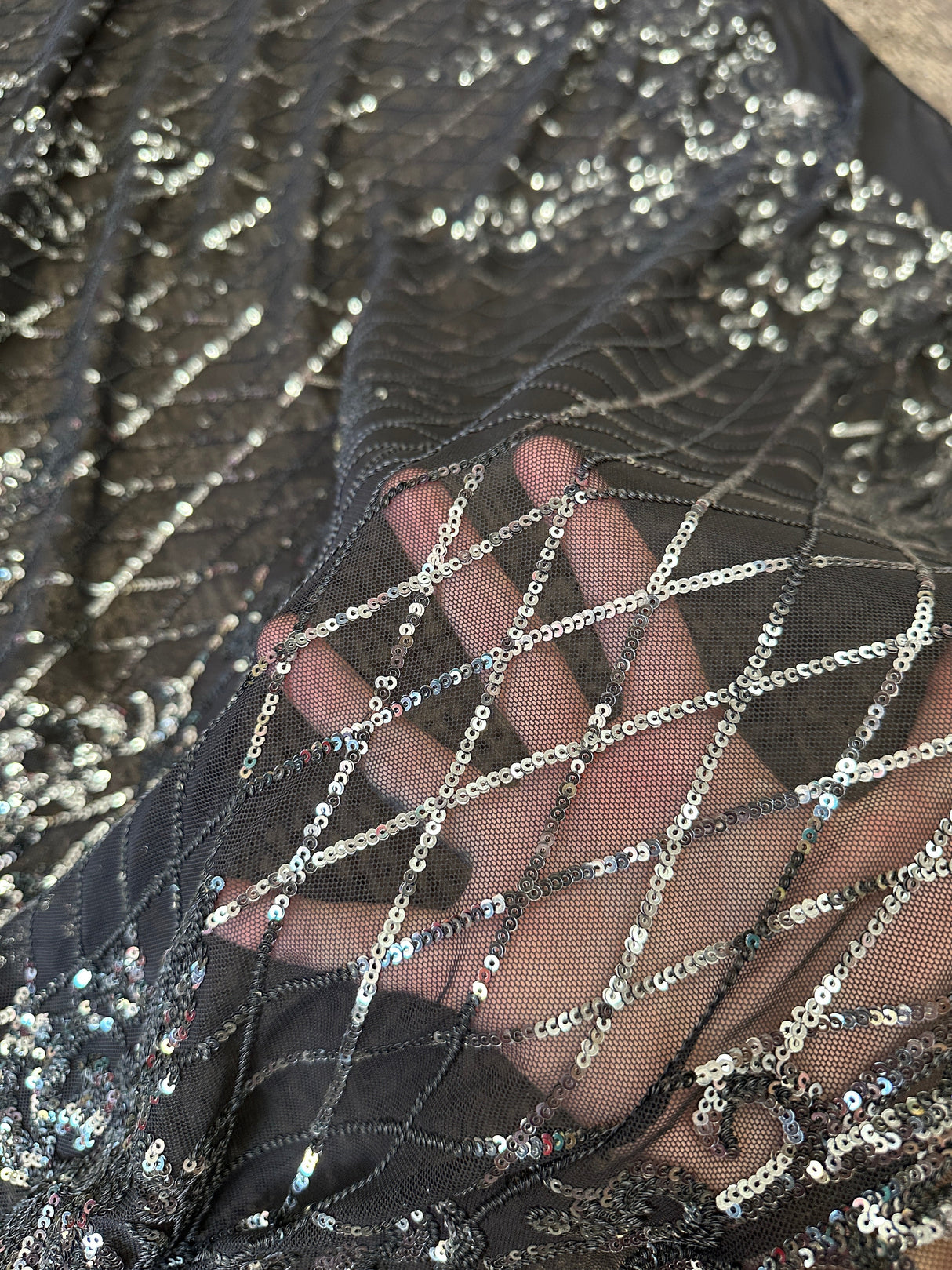 Stretch Sequin Lace on Black Mesh