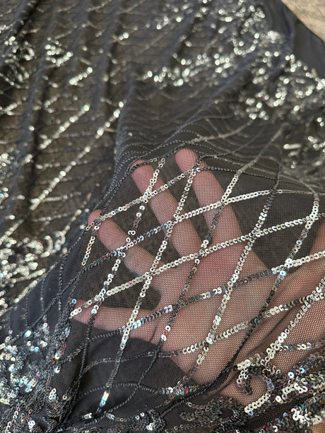 Stretch Sequin Lace on Black Mesh